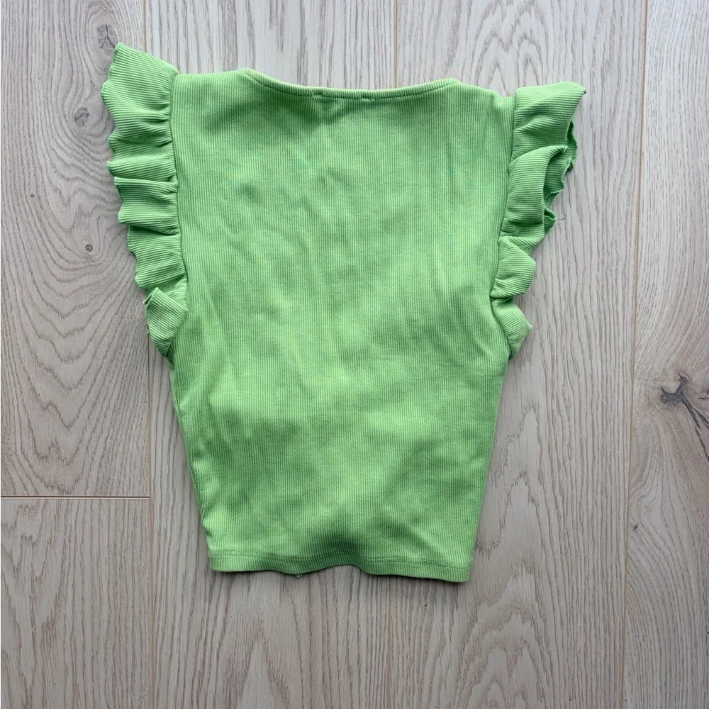 2/$10 ZARA Green Ribbed Ruffle Sleeve Ruched Drawstring Crop Top Size S - Picture 5 of 5